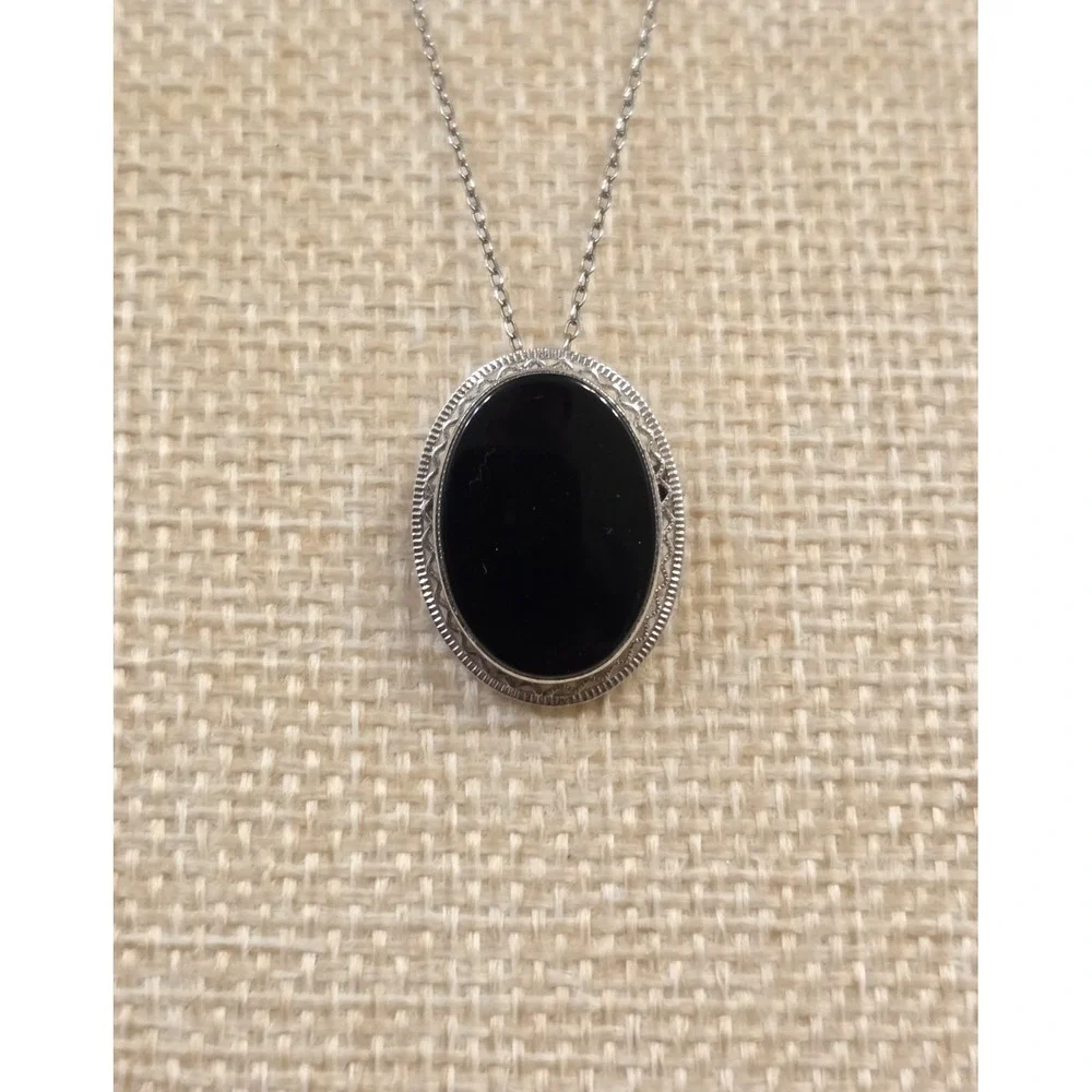 Vintage Sterling‎ Silver & Black Onyx Pendant / Brooch 18